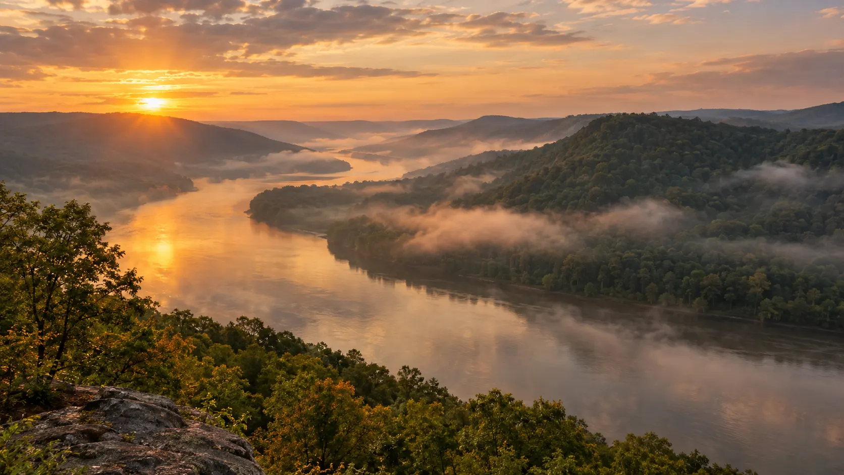 Mist rising over a river valley at sunrise