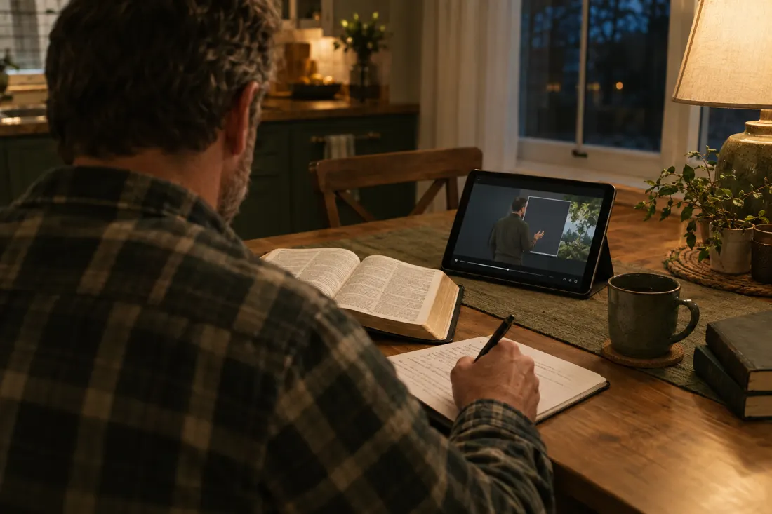 A man taking handwritten notes from his Bible while an online lesson plays on a tablet